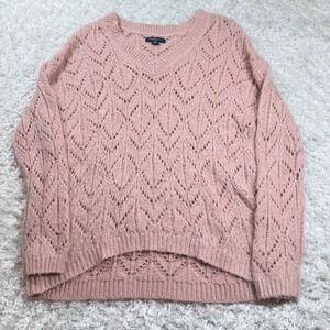 American Eagle Sweater Women's Medium Pink V Neck Crochet Knit Jegging Fit Boho